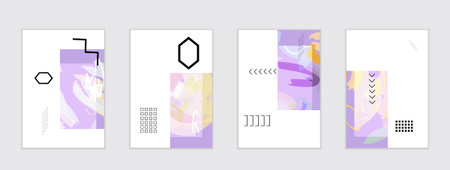 Set of artistic abstract universal card templates with simple geometric shapes and hand drawn doodle...