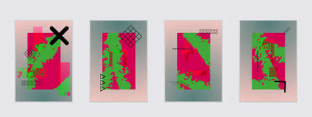 Set of artistic abstract universal card templates with simple geometric shapes and hand drawn doodle texture. Social media web banner. Bright colored isolated on white background cover template.のイラスト素材