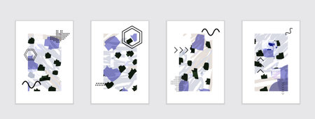 Set of artistic abstract universal card templates with simple geometric shapes and hand drawn doodle...