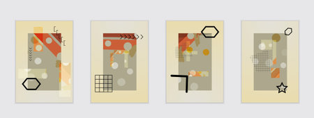 Set of artistic abstract universal card templates with simple geometric shapes and hand drawn doodle...