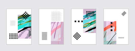 Set of artistic abstract universal card templates with simple geometric shapes and hand drawn doodle texture. Social media web banner. Bright colored isolated on white background cover template.のイラスト素材
