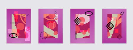 Set of artistic abstract universal card templates with simple geometric shapes and hand drawn doodle texture. Social media web banner. Bright colored isolated on white background cover template.のイラスト素材