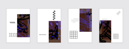 Set of artistic abstract universal card templates with simple geometric shapes and hand drawn doodle...
