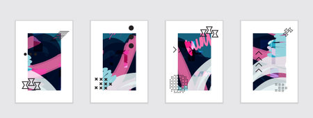 Set of artistic abstract universal card templates with simple geometric shapes and hand drawn doodle...