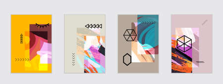 Set of artistic abstract universal card templates with simple geometric shapes and hand drawn doodle texture. Social media web banner. Bright colored isolated on white background cover template.のイラスト素材