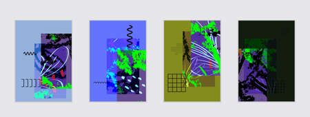 Set of artistic abstract universal card templates with simple geometric shapes and hand drawn doodle texture. Social media web banner. Bright colored isolated on white background cover template.のイラスト素材