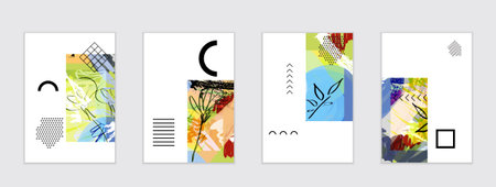 Set of artistic abstract universal card templates with simple geometric shapes and hand drawn doodle...