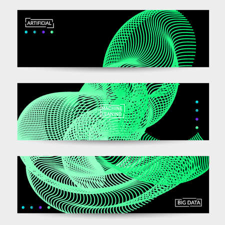 Vector abstract dynamic gradient waves, curvy line on black backgrounds. Modern web banner template with fluid blended curves and bright dots.のイラスト素材