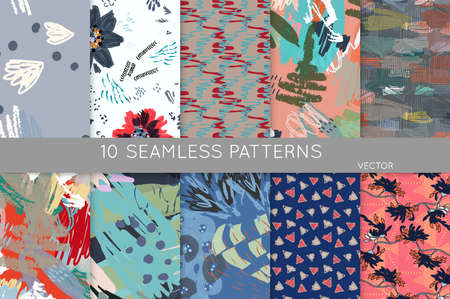 Collection of seamless patterns. Abstract design elements in set. Doodles with crayon and grunge texture roughly hand drawn.のイラスト素材