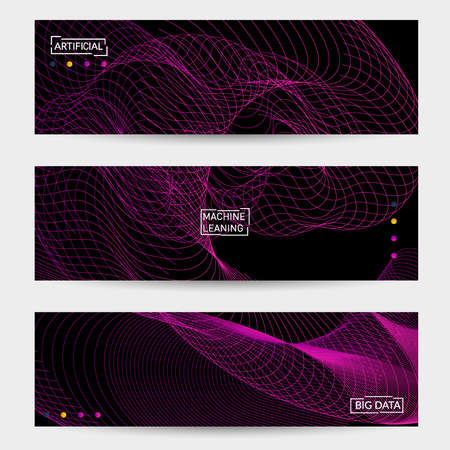 Vector abstract dynamic gradient waves, curvy line on black backgrounds. Modern web banner template with fluid blended curves and bright dots.のイラスト素材