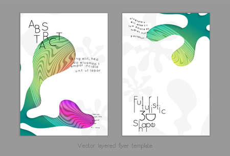 Abstract universal flyer templates with simple wavy shapes and cut out paper with shadow over striped background. Social media web banner. Bright colored isolated.のイラスト素材
