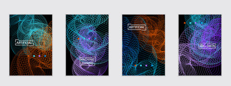 Vector abstract dynamic gradient waves, curvy line on black backgrounds. Modern flyer template with fluid blended curves and bright dots.のイラスト素材