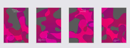 Abstract flyer templates with wavy shapes overlapping on bright gradient background. Social media web banner or landing page. Fluid colors and liquid shapes.のイラスト素材