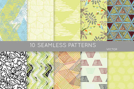 Collection of seamless patterns. Abstract design elements in set. Doodles with crayon and grunge texture roughly hand drawn.のイラスト素材