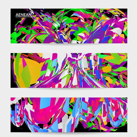 Abstract banner template with bright colored random small particle explosion. Sport music social media layout. Optical art dynamic background with outer space motion. Futuristic vector.のイラスト素材