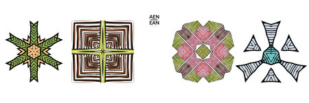 Abstract geometric shape with roughly hand drawn black lines and colored stripes. Striped...