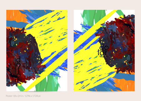 Abstract vector poster template with colorful feather layered shapes. Bright multicolored dimensional background. Brush stroke watercolor digital paint imitation. Rainbow scribble artistic card.のイラスト素材