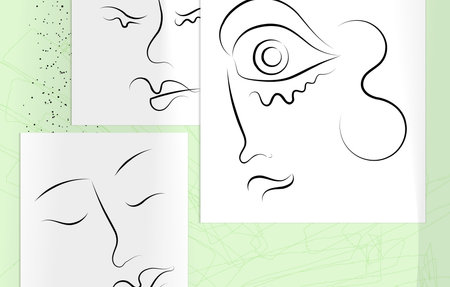 Contemporary abstract man face continuous one line drawing. Modern Wall Art print or poster mock up with shadow overlay. Hand drawn portrait on organic color sports and lines. Artistic card  template.のイラスト素材