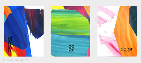 Abstract vector background with colorful bright acrylic textured shapes. Artistic flyer design template. Hand drawn collage art digital paint. Universal layout with brush stroke splashes.のイラスト素材