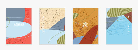 Minimal abstract vector cover template. Organic grunge textured overlapping wavy shapes and lines. Scribbled hand drawn pastel colored background. Striped dotted leaf forms.のイラスト素材