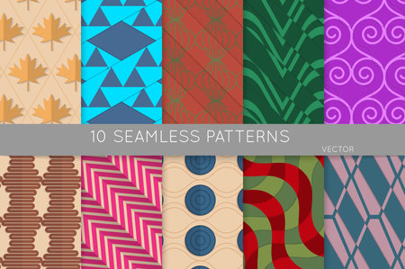 Vintage geometric pattern set with recycled paper fold and shadow. Seamless vector backgrounds. Abstract wallpaper in retro colors. Wrapping paper design. Art Deco style sepia toned.のイラスト素材