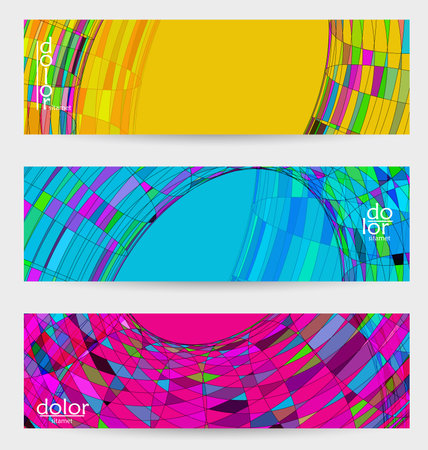 Abstract vector banner template with multicolored wire frame geometric shapes. Striped linear texture. Futuristic design. 3D science model digital technology concept. Retro colored digital art.のイラスト素材
