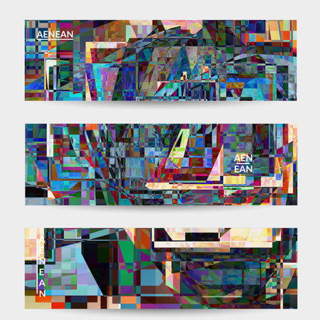 Abstract vector banner template. Small broken pixel distortion glitch art. Matrix geometric pattern. Vibrant colorful digital texture. Computer marketing sale background. Web page frame.のイラスト素材