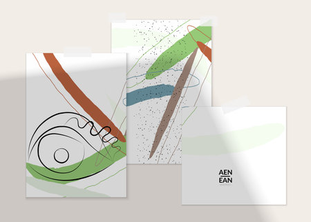 Abstract line continuous face. Portrait of a woman face on organic pastel textures with shapes and lines. Contemporary composition in modern cubism art style. Wall art mock up with shadow overlay.のイラスト素材