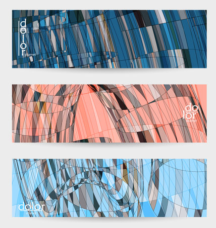 Abstract vector banner template with multicolored wire frame geometric shapes. Striped linear texture. Futuristic design. 3D science model digital technology concept. Retro colored digital art.のイラスト素材