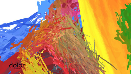 Abstract vector illustration with colorful feather layered shapes. Bright multicolored dimensional background. Brush stroke watercolor digital paint imitation. Rainbow scribble advertising template.のイラスト素材