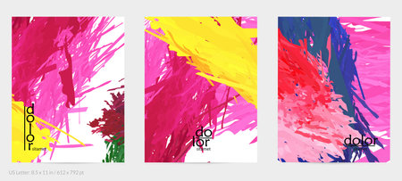 Abstract vector flyer. Colorful brush stoke of digital watercolor paint. Dimensional rainbow layered feather  texture. Creative artistic advertising event template. Bright rough scribble uneven shapesのイラスト素材