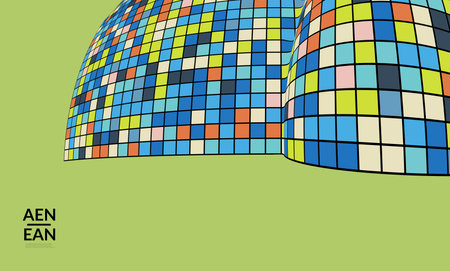 Square pixel mosaic distorted shape. Black wire frame over flat retro colors. Abstract air balloon vector background.のイラスト素材