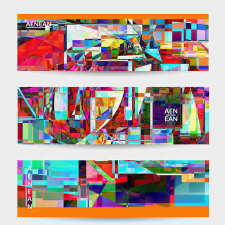 Abstract vector banner template. Small broken pixel distortion glitch art. Matrix geometric pattern. Vibrant colorful digital texture. Computer marketing sale background. Web page frame.のイラスト素材