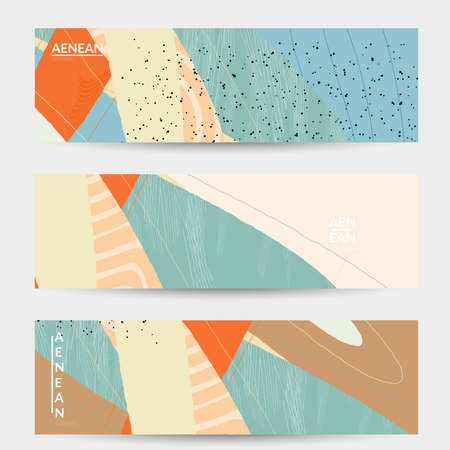 Vector banner template with motley shapes or bolts hand drawn textured. Striped wavy shapes and lines design. Abstract hipster background in flat style. Modern artwork pattern.のイラスト素材