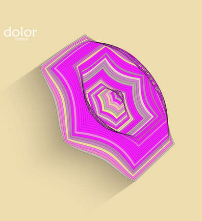 Abstract futuristic 3D object with realistic shadow on flat background. Computer digital model technology data science icon. Geometric shape with multicolored stripes.のイラスト素材