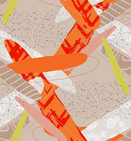 Abstract vector seamless pattern. Organic grunge textured overlapping wavy shapes and lines. Scribbled hand drawn pastel colored background. Striped dotted leaf forms. Flat textile swatch.のイラスト素材