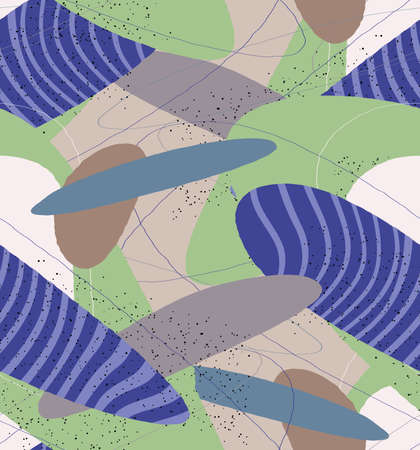 Abstract vector seamless pattern. Organic grunge textured overlapping wavy shapes and lines. Scribbled hand drawn pastel colored background. Striped dotted leaf forms. Flat textile swatch.のイラスト素材