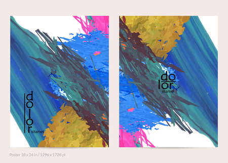 Abstract vector poster template with colorful feather layered shapes. Bright multicolored dimensional background. Brush stroke watercolor digital paint imitation. Rainbow scribble artistic card.のイラスト素材