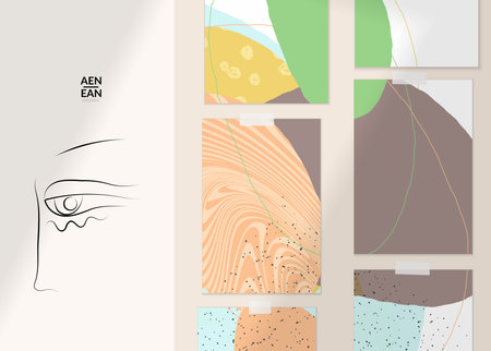Abstract authentic portrait on modern card set template. One line continuous hand drawn doodle...
