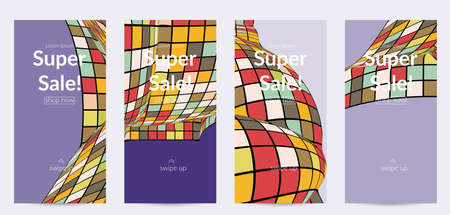 Square pixel mosaic distorted shape. Black wire frame over flat retro colors. Abstract air balloon vector background.のイラスト素材