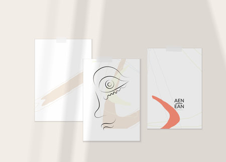 Abstract authentic portrait on modern card set template. One line continuous hand drawn doodle vector artwork. Contemporary composition in modern cubism art style. Mock up with shadow overlay.のイラスト素材