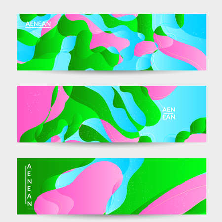 Abstract vector banner template with bright gradient wavy organic overlapping shapes grunge textured. Fluid wavy lines art. Template for seasonal sale advertising  marketing technology.のイラスト素材