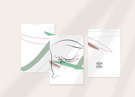 Abstract authentic portrait on modern card set template. One line continuous hand drawn doodle vector artwork. Contemporary composition in modern cubism art style. Mock up with shadow overlay.のイラスト素材