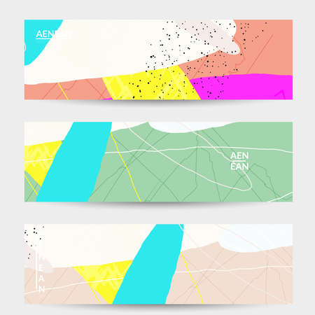 Retro hipster art banner design. Wavy motley shapes. Overlapping hand drawn texture. Stripes, dots and scribbles create exotic tropical background. Natural organic colors.のイラスト素材