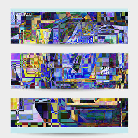 Abstract vector banner template. Small broken pixel distortion glitch art. Matrix geometric pattern. Vibrant colorful digital texture. Computer marketing sale background. Web page frame.のイラスト素材