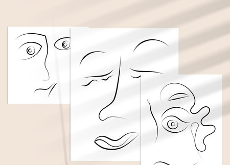 Trendy design templates with portrait woman in abstract one line graphic style. Contemporary...