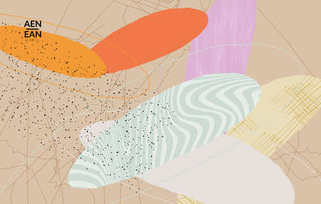 Vector cover template with motley shapes or bolts hand drawn textured. Striped wavy shapes and lines design. Abstract hipster background in flat style. Modern artwork pattern.のイラスト素材