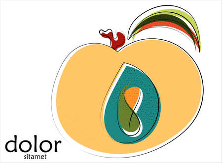Abstract hand drawn plum vector artistic logo isolated on white. Line art artistic illustration with texture. Retro flat colors organic natural Eco food design. Organic healthy vegan doodle.のイラスト素材