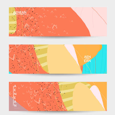 Vector banner template with motley shapes or bolts hand drawn textured. Striped wavy shapes and lines design. Abstract hipster background in flat style. Modern artwork pattern.のイラスト素材