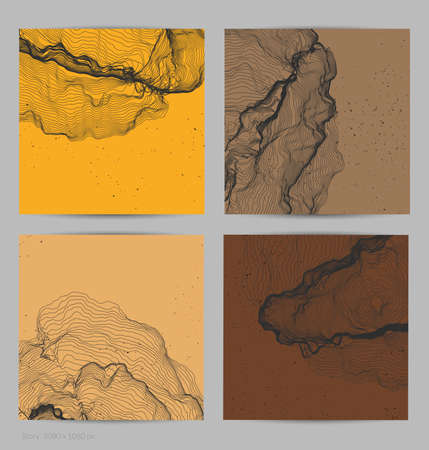 Ultra thin line net shape. Abstract 3D computer modeling science geometry. Futuristic sound wave interacting with random particles. Mold growing texture on flat earthly colored background.のイラスト素材